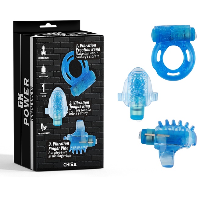 Набор из 3 синих эрекционных колец с вибрацией Teasers Ring Kit - GK Power. Фотография 2.