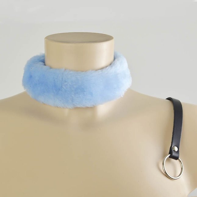Голубой меховой ошейник с кожаным поводком - BDSM accessories. Фотография 3.