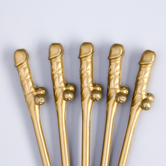 Золотистые коктейльные трубочки в виде пениса - 5 шт - Оки-Чпоки. Фотография 2.
