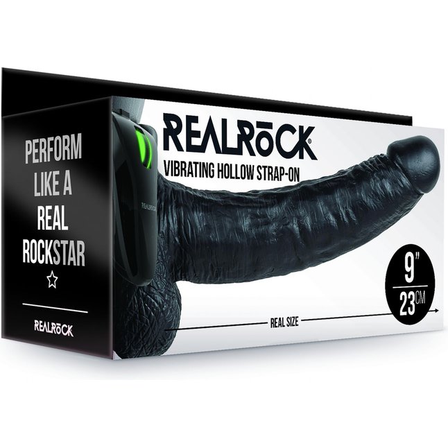 Черный полый страпон с вибрацией - 23 см - RealRock. Фотография 3.