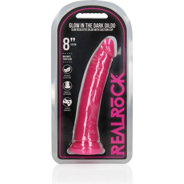 Розовый люминесцентный фаллоимитатор на присоске - 22 см - RealRock. Фотография 3.