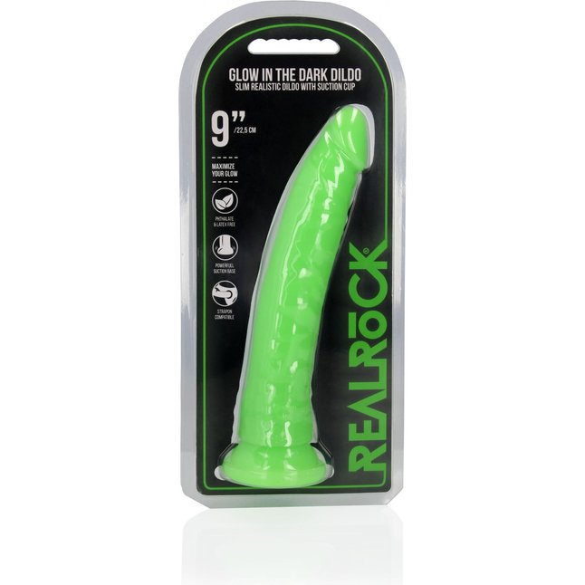 Зеленый люминесцентный фаллоимитатор на присоске - 25 см - RealRock. Фотография 5.