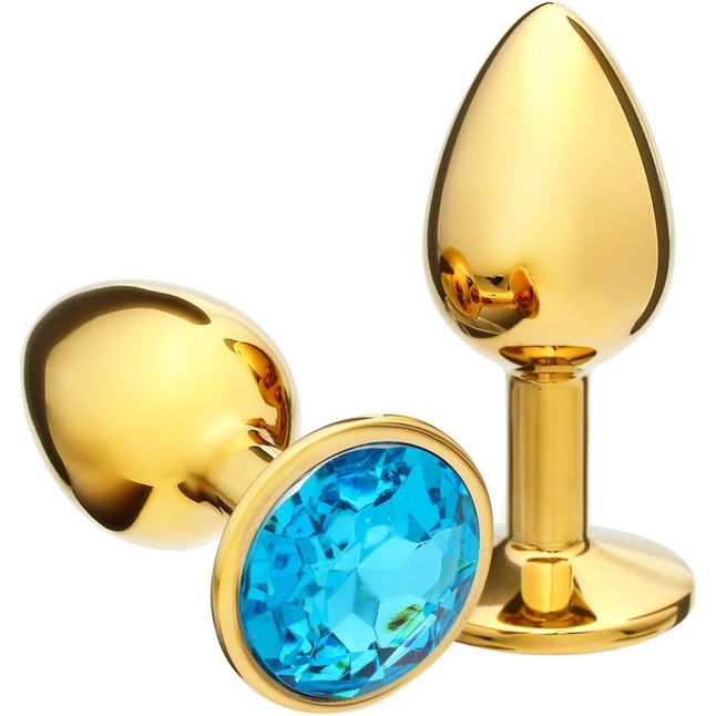 Золотистая анальная пробка с голубым кристаллом - 7 см - Оки-Чпоки