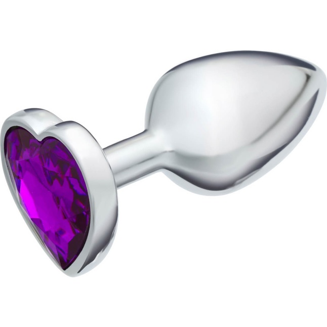Серебристая анальная пробка с фиолетовым кристаллом в форме сердца - 7 см - Оки-Чпоки. Фотография 2.