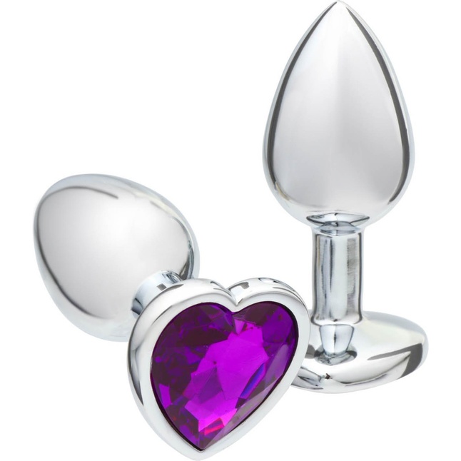 Серебристая анальная пробка с фиолетовым кристаллом в форме сердца - 7 см - Оки-Чпоки