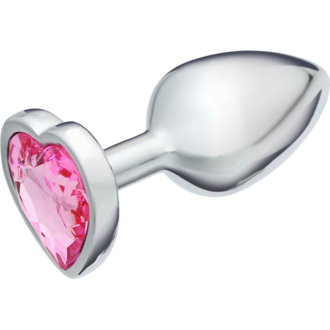 Серебристая анальная пробка с розовым кристаллом в форме сердца - 7 см - Оки-Чпоки. Фотография 2.