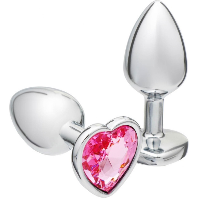 Серебристая анальная пробка с розовым кристаллом в форме сердца - 7 см - Оки-Чпоки