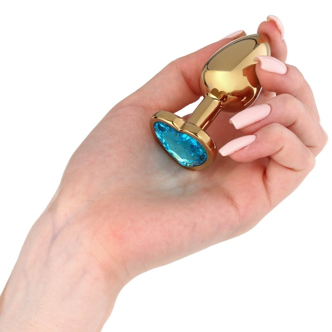Золотистая анальная пробка с голубым кристаллом в форме сердца - 7 см - Оки-Чпоки. Фотография 3.
