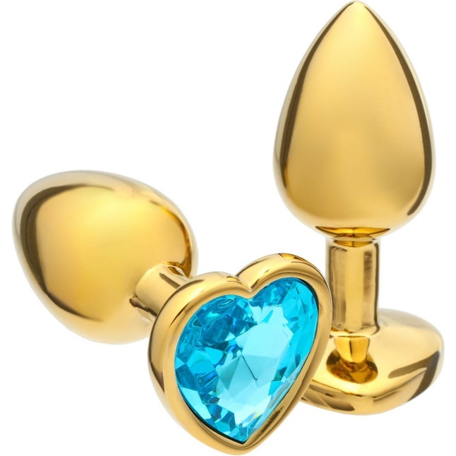 Золотистая анальная пробка с голубым кристаллом в форме сердца - 7 см - Оки-Чпоки
