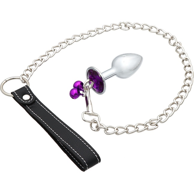 Серебристая анальная пробка с фиолетовым кристаллом, колокольчиками и поводком - Оки-Чпоки