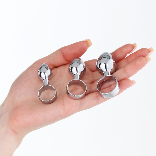Набор из 3 серебристых анальных пробок с кольцом - Оки-Чпоки. Фотография 3.
