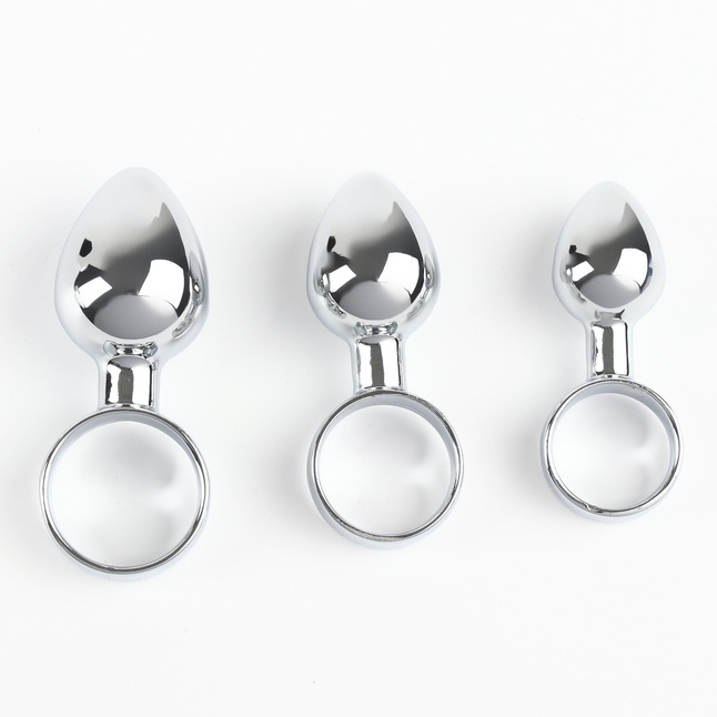 Набор из 3 серебристых анальных пробок с кольцом - Оки-Чпоки