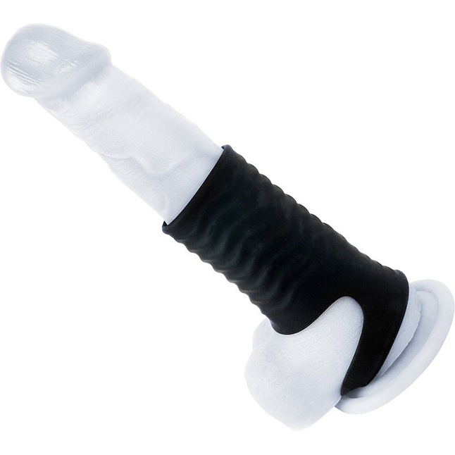Черная открытая насадка на пенис с кольцом для мошонки size M - 7,9 см - SEX EXPERT PREMIUM. Фотография 4.
