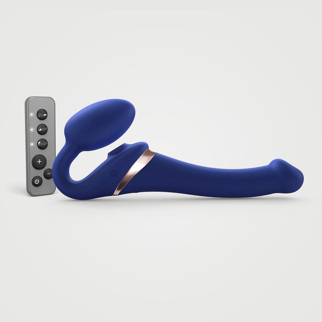 Синий безремневой страпон Multi Orgasm Size S с клиторальной стимуляцией. Фотография 4.