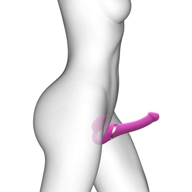 Ярко-розовый безремневой страпон Multi Orgasm Size S с клиторальной стимуляцией. Фотография 5.