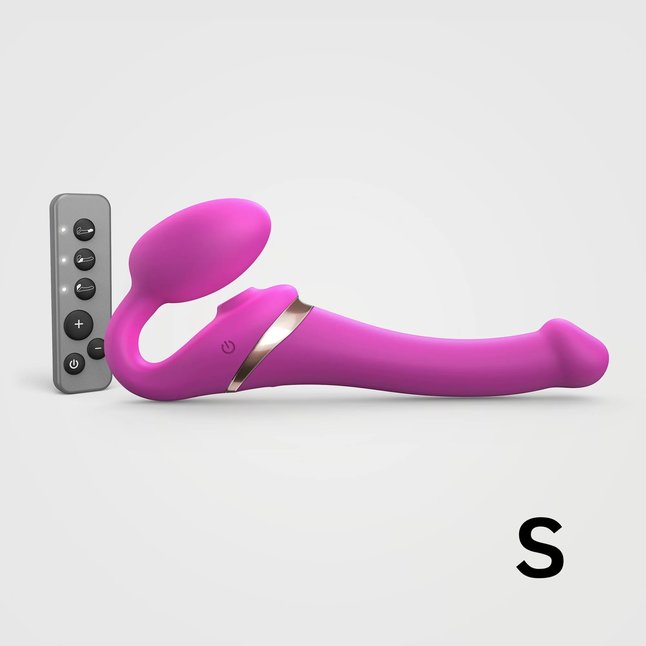 Ярко-розовый безремневой страпон Multi Orgasm Size S с клиторальной стимуляцией. Фотография 6.