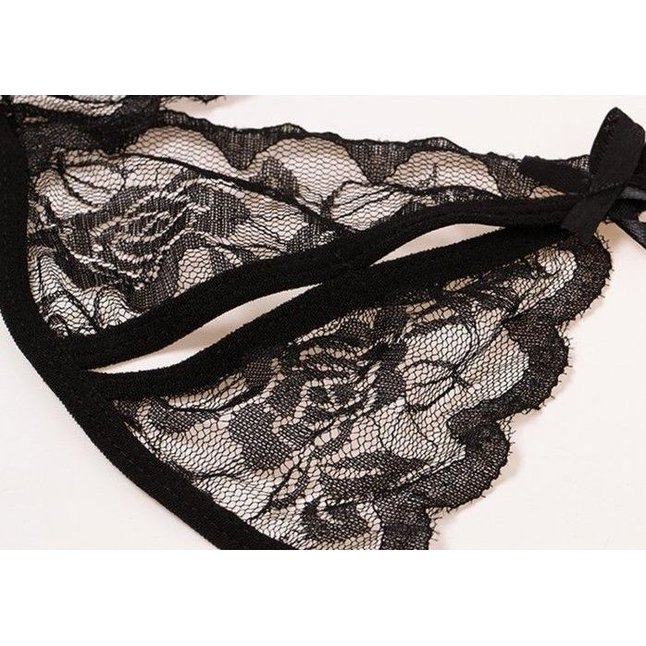 Черный эротический набор кружевного белья с бантиками - Оки-Чпоки. Фотография 7.