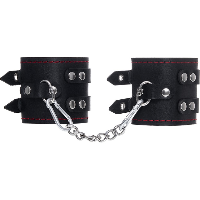 Черные кожаные наручники с двумя ремнями и контрастной строчкой. Фотография 3.