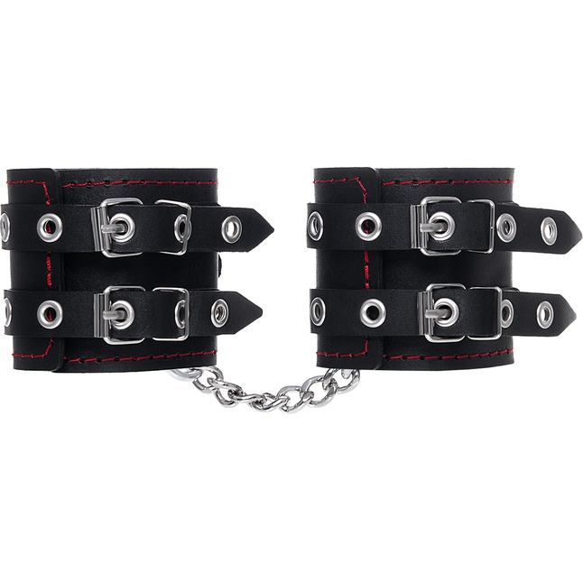 Черные кожаные наручники с двумя ремнями и контрастной строчкой. Фотография 4.
