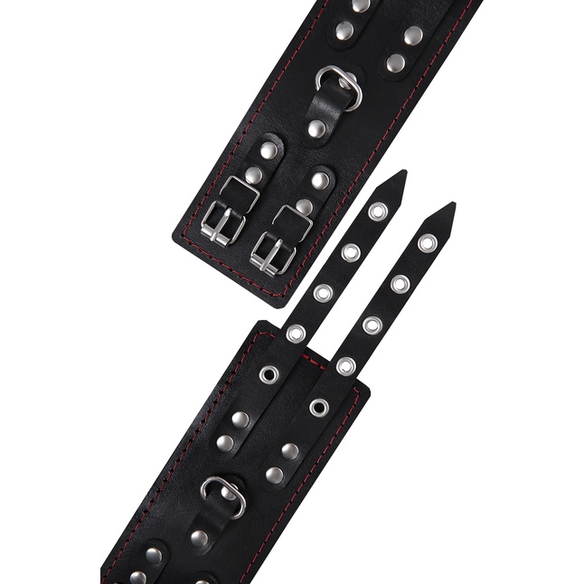 Черные кожаные наручники с двумя ремнями и контрастной строчкой. Фотография 8.