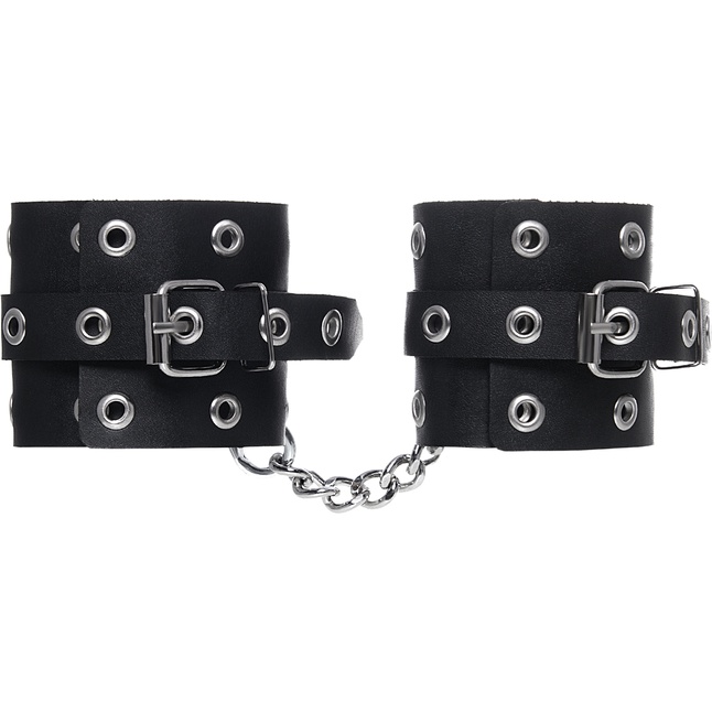 Черные кожаные однослойные наручники с люверсами. Фотография 4.