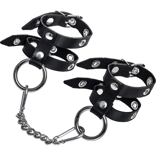 Черные однослойные кожаные наручники из двух ремешков
