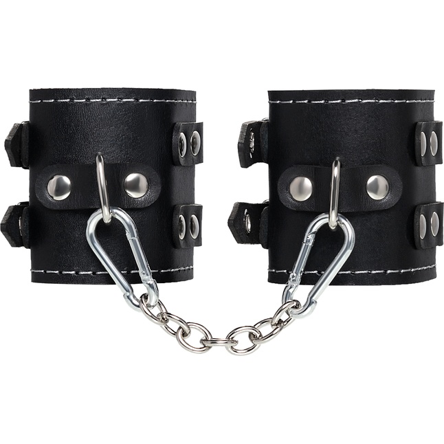 Черные кожаные наручники с двумя ремнями и красной подкладкой. Фотография 4.