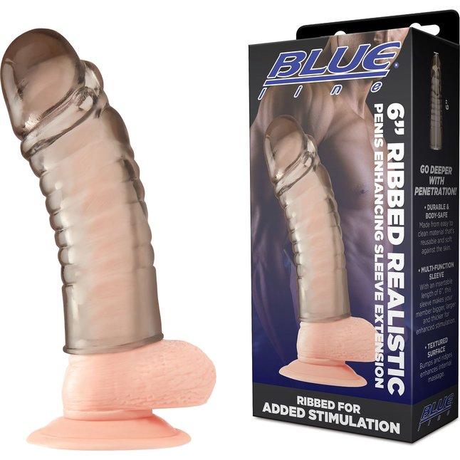 Дымчатая насадка-удлинитель Ribbed Realistic Penis Enhancing Sleeve Extension - 15,2 см. Фотография 2.