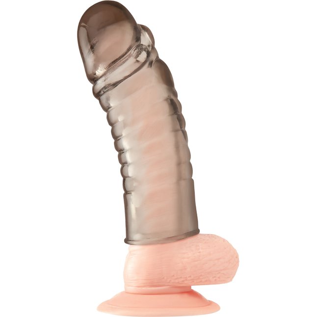 Дымчатая насадка-удлинитель Ribbed Realistic Penis Enhancing Sleeve Extension - 15,2 см. Фотография 3.