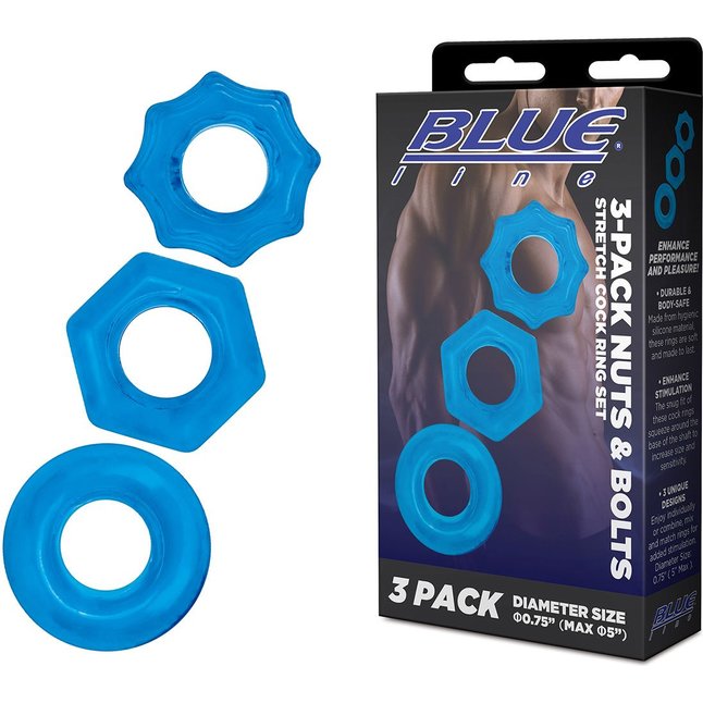 Комплект из трех голубых колец для эрекции 3-Pack Nuts Bolts Stretch Cock Ring Set. Фотография 3.