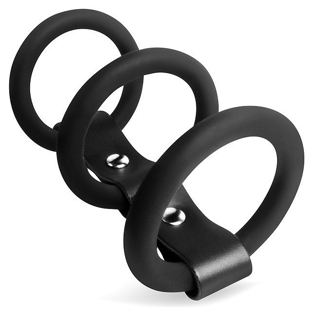 Черное тройное эрекционное кольцо с ремешком - SEX EXPERT