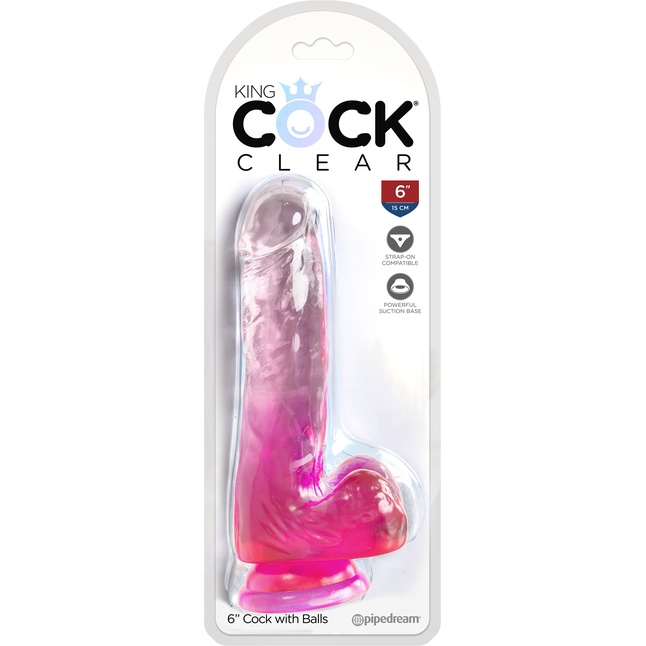 Розовый фаллоимитатор с мошонкой на присоске 6’’ Cock with Balls - 17,8 см - King Cock Clear. Фотография 2.