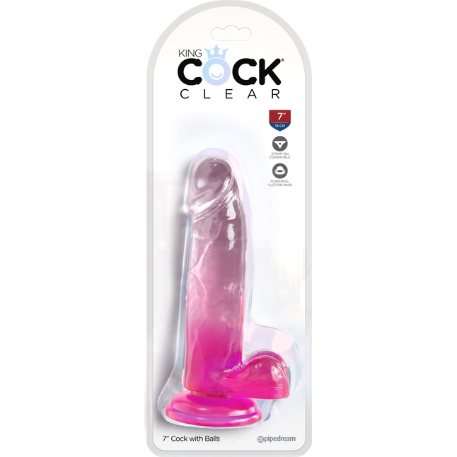 Розовый фаллоимитатор с мошонкой на присоске 7’’ Cock with Balls - 20,3 см - King Cock Clear. Фотография 2.