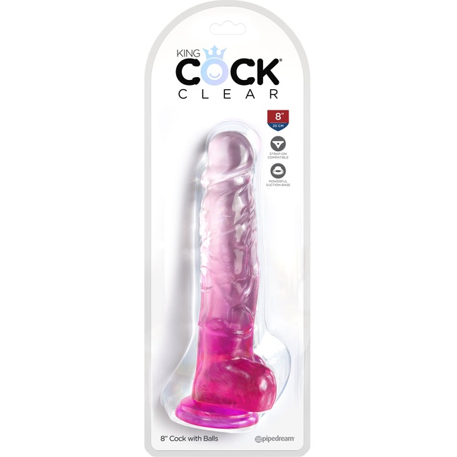 Розовый фаллоимитатор с мошонкой на присоске 8’’ Cock with Balls - 22,2 см - King Cock Clear. Фотография 2.