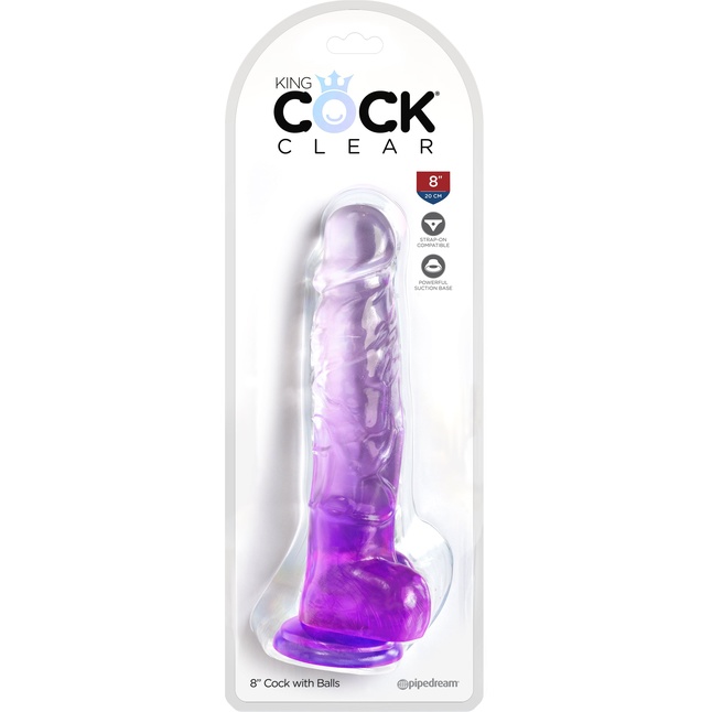 Фиолетовый фаллоимитатор с мошонкой на присоске 8’’ Cock with Balls - 22,2 см - King Cock Clear. Фотография 2.