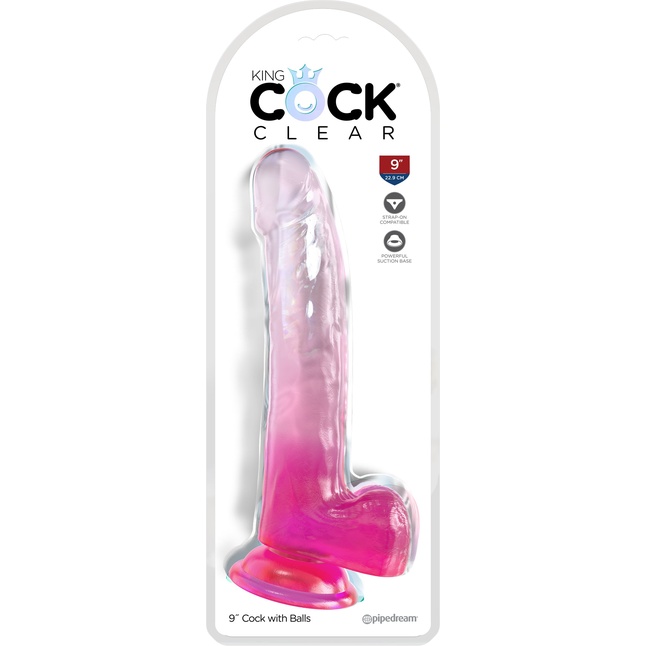 Розовый фаллоимитатор с мошонкой на присоске 9’’ Cock with Balls - 24,8 см - King Cock Clear. Фотография 2.
