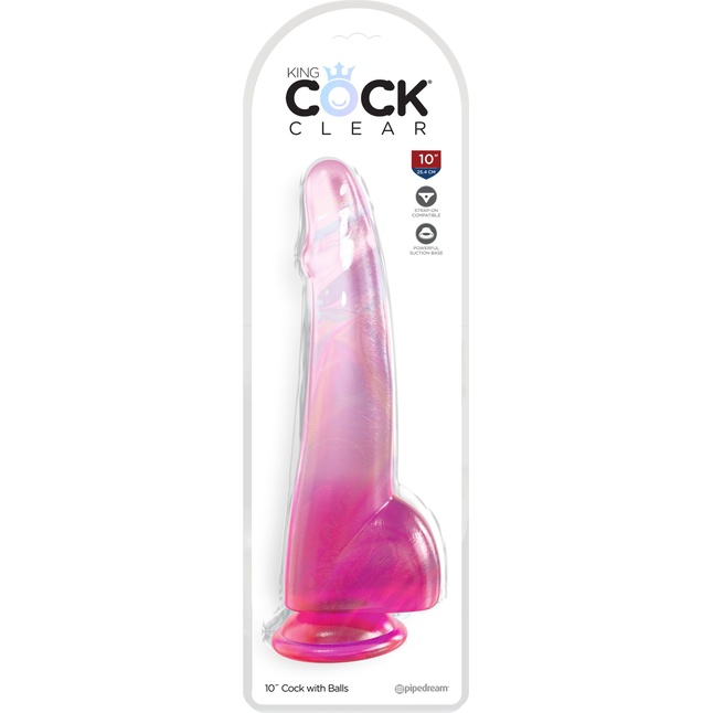 Розовый фаллоимитатор с мошонкой на присоске 10’’ Cock with Balls - 27,9 см - King Cock Clear. Фотография 2.