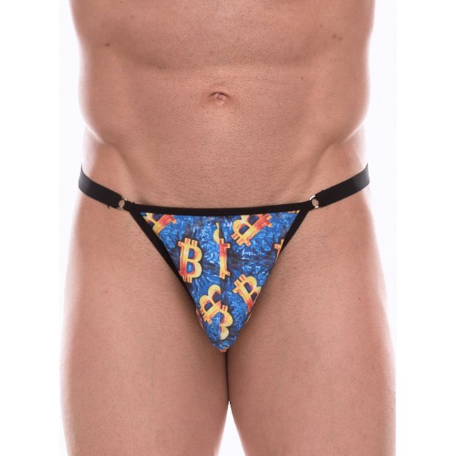 Синие мужские трусы-тонги с разноцветным принтом