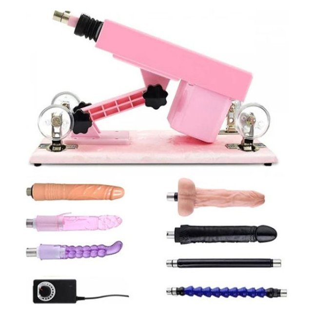 Розовая секс-машина с проводным пультом и 5 насадками. Фотография 2.