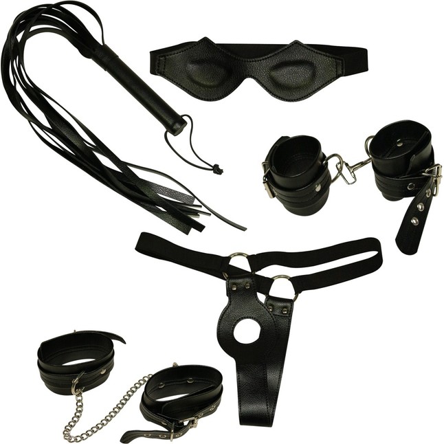 Набор фиксаций: наручники, наножники, плетка, маска и фиксация на женские половые органы - Bad Kitty
