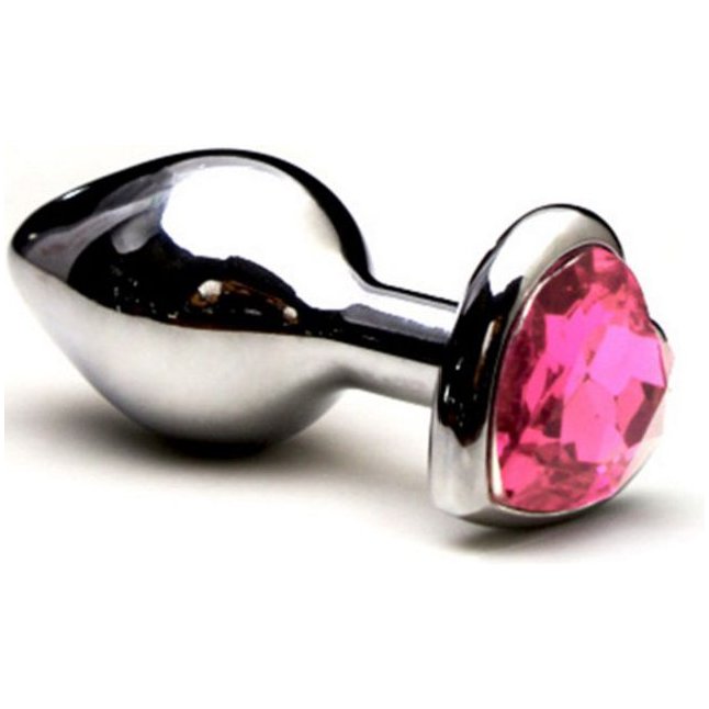 Гладкая серебристая втулка с розовым кристаллом-сердечком - 7,6 см