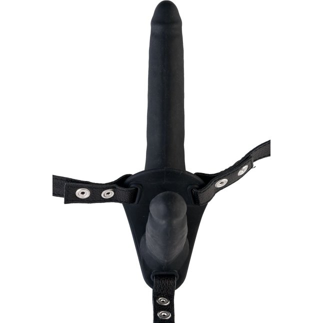 Чёрный поясной страпон с вагинальной пробкой - 16 см. Фотография 2.
