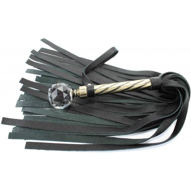 Черная плеть с широкими хлыстами и металлической ручкой с кристаллом - 60 см