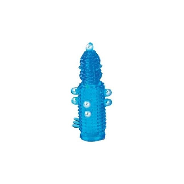 Голубая эластичная насадка на пенис с жемчужинами, точками и шипами Pearl Stimulator - 11,5 см