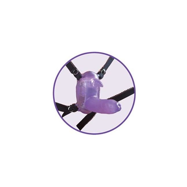Фиолетовый вибростимулятор в виде рога носорога на регулируемых трусиках и с пультом ДУ. Фотография 3.