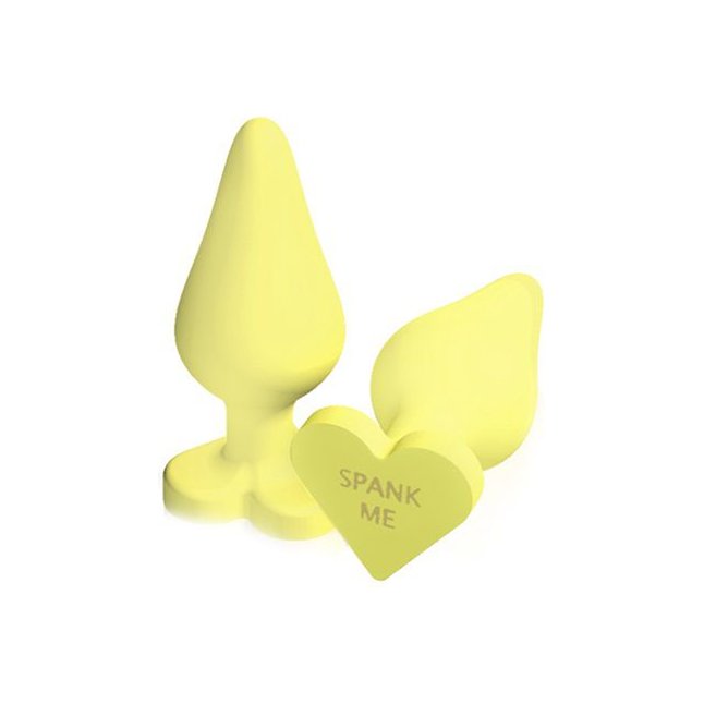 Жёлтая анальная пробка с сердечком в основании NAUGHTY CANDY HEART SPANK ME - 8,8 см