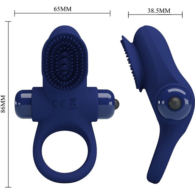 Синее эрекционное виброкольцо в клиторальной щеточкой - Pretty Love. Фотография 3.