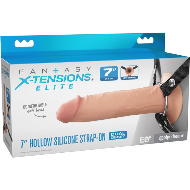 Телесный полый страпон на черных ремнях Hollow Silicone Strap-on - 17,8 см - Fantasy X-tensions Elite. Фотография 2.