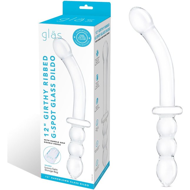 Изогнутый стеклянный фаллоимитатор 12’’ Girthy Ribbed G-Spot Glass Dildo With Handle Grip Double Ended - 30 см. Фотография 2.