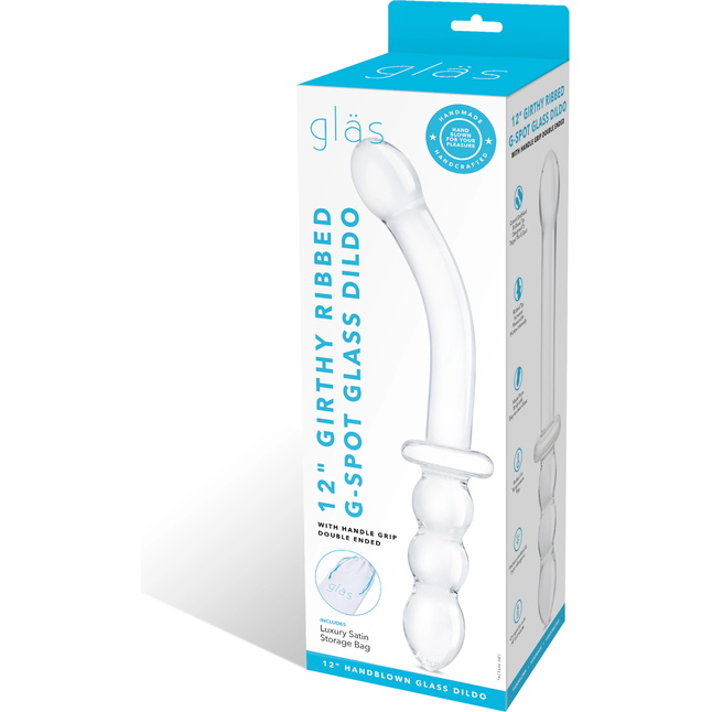 Изогнутый стеклянный фаллоимитатор 12’’ Girthy Ribbed G-Spot Glass Dildo With Handle Grip Double Ended - 30 см. Фотография 7.